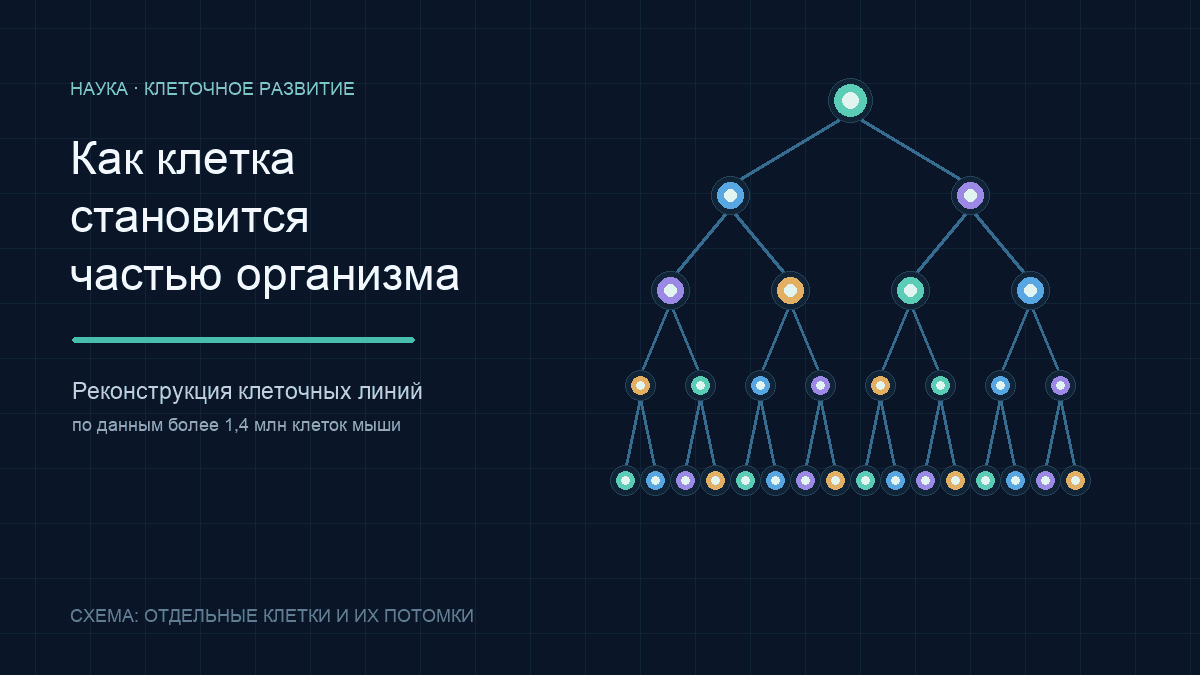 Оригинальная схема: ветвящееся дерево показывает, как одна клетка делится на дочерние клетки и последующие клеточные линии.